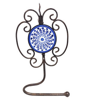 VTG Silver Metal and Ceramic Relief Hand Towel Holder Scrolled Hanging 12" Tall